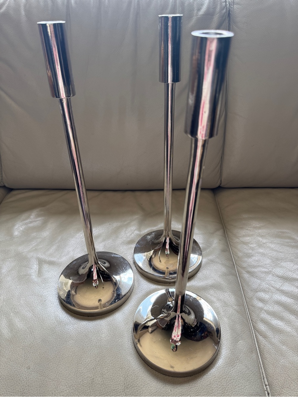 POTTERY BARN Modern Silver tone Chrome Taper Candlestick Holder Heavy 17.5” Tall